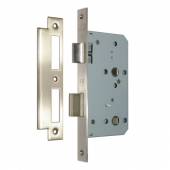 An image of 72MM BATHROOM LOCK 304 SSS-SQ FOREND & STRIKER